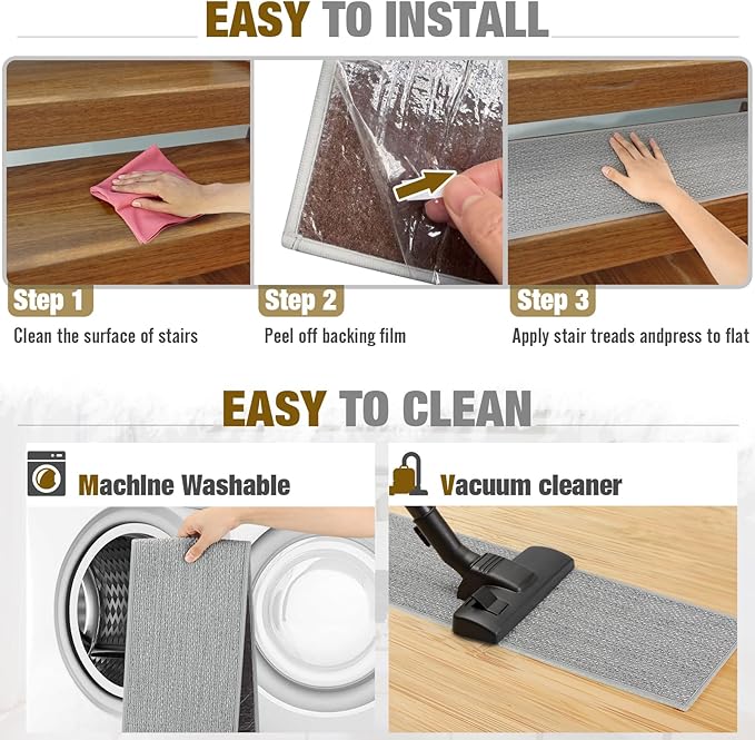 Stair Treads Non Slip for Wooden Steps Indoor 9" x 30" 4 Pack Extra Wide Stair Tread Carpet Stairs Runner, Step Pads with Reusable Adhesive for Dogs Kids Elders, Machine Washable, Light Grey