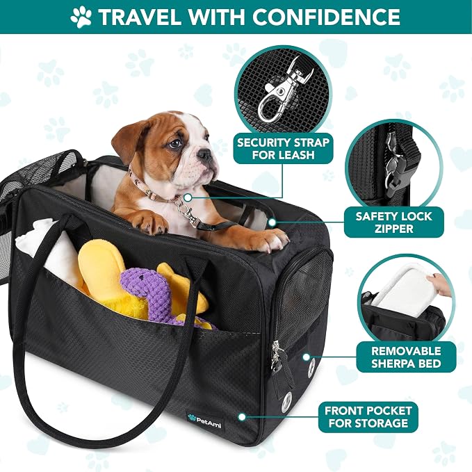 PetAmi Dog Purse Carrier for Small Dogs Cats, TSA Airline Approved Soft-Sided Pet Carrier with Pockets, Ventilated Travel Tote Bag with Bed & Shoulder Strap, Puppy Kitten, Max 12 lbs, Black