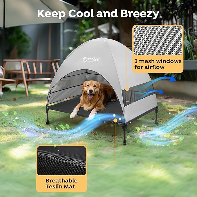 Veehoo Outdoor Dog Bed with Canopy, Cooling Elevated Dog Shade for Outside | Portable Raised Dog Cot with Removable Shade, Sun Protection Dog Tent Outdoor for Camping, Beach, 42" x 33.5", Black