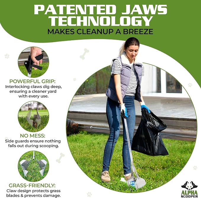 Dog Pooper Scooper for Yard - 38" Lightweight Ergonomic Handle, Rust-Resistant Aluminum, Jaws Technology Poop Scooper for Dogs