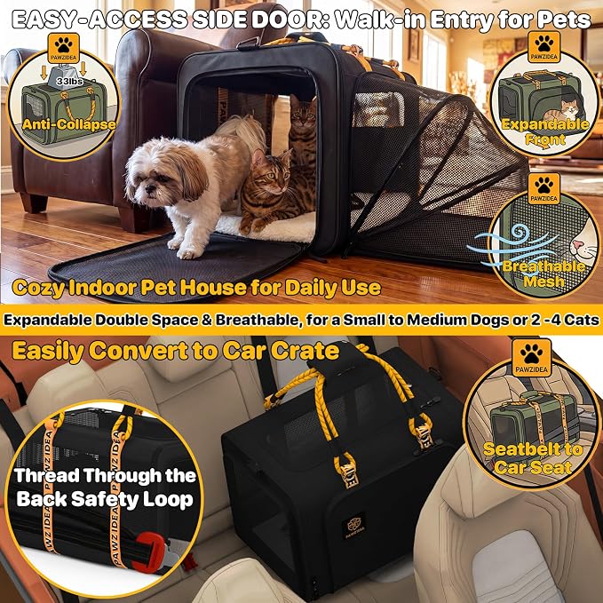 PAWZIDEA Large Pet Carrier Expandable, 24"×16"×16" Soft-Sided Cat Carrier for 2–4 Cats up 55lb, Portable & Collapsible Small Medium Dog Travel Crate for Car, XL Storage Pocket, ID Card, Shoulder Strap