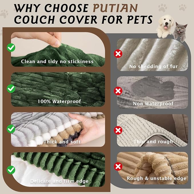 PuTian 100% Waterproof Fuzzy Couch Cover for Dogs Green 27.6"x70.9" | Pet Friendly Dog Mat for Couch, Waterproof Sofa Protector, Scratch Resistant Furniture Cover for Dogs, Machine Washable