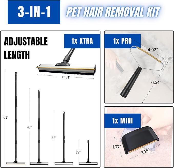 Carpet Rake Kit for Pet Hair Removal & Fluffing Matted Carpet – 61" Adjustable Handle, Deep Clean Dog & Cat Hair Remover, Reusable Scraper for Rugs, Low Pile Carpet, Couch Stairs & Car