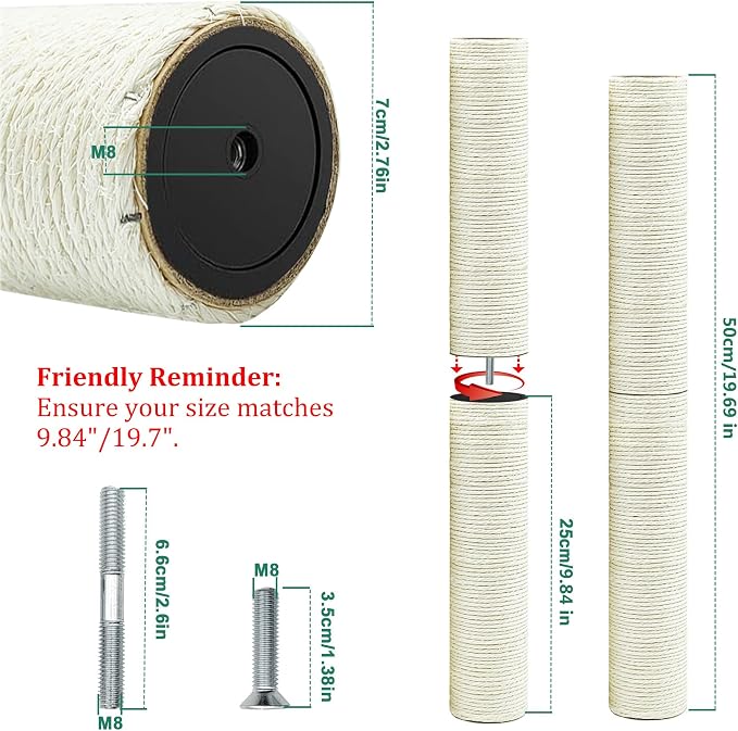 Cat Tree Replacement Post, 4 Pack 9.84in Cat Scratching Post Replacement Poles with M8 Screws, Natural Sisal Cat Tower Parts, Connectable to 19.7in/39.4in for Cat Tree Repair & Extension