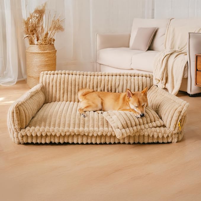 FUNNY FUZZY Dog Couch Bed, Fluffy Dog Bed Large Sized Dog with Pillow | Orthopedic Supportive Meidum Large Pet Sofa, Removable Washable Cover, Non-Slip, Snoozy Dream, 39"×26.3"×15.7", Up to 55 Lbs