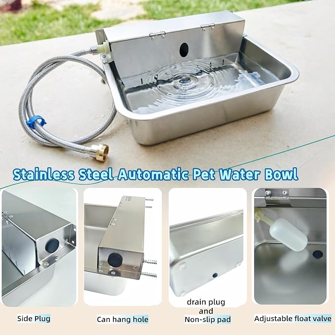 Stainless Steel Automatic Pet Waterer with Flip-Top & Wall Mount | Outdoor Auto-Fill Water Bowl with Adjustable Float,Wide Drinking Area,Easy To Clean,for Dogs,Chickens & Other Poultry