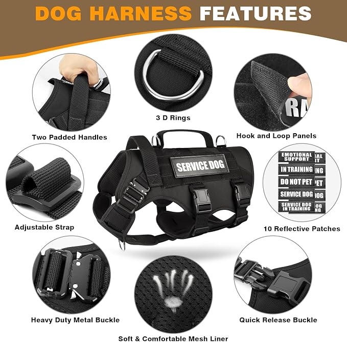 Tactical Dog Harness with Dog Leash, Service Working MOLLE Vest with 10 Pet Patches for Medium Dog, No Pull Military Harness and Backpack for Training Hunting Walking