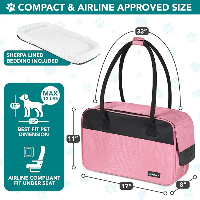 PetAmi Dog Purse Carrier for Small Dogs Cats, TSA Airline Approved Soft-Sided Pet Carrier with Pockets, Ventilated Travel Tote Bag with Bed & Shoulder Strap, Puppy Kitten, Max 12 lbs, Pink