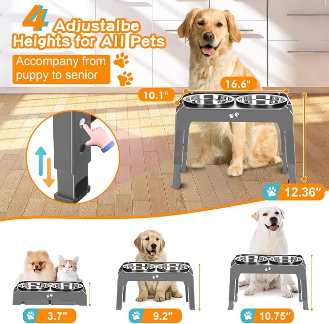 Elevated Bowls, 4 Height Adjustable Raised Stand with 2 Thick 50oz Stainless Steel Food Bowls, Non-Slip Feeder for Large Medium Dogs, Adjusts to 3.7", 9.2", 10.75", 12.36" Grey (Pack of 2)