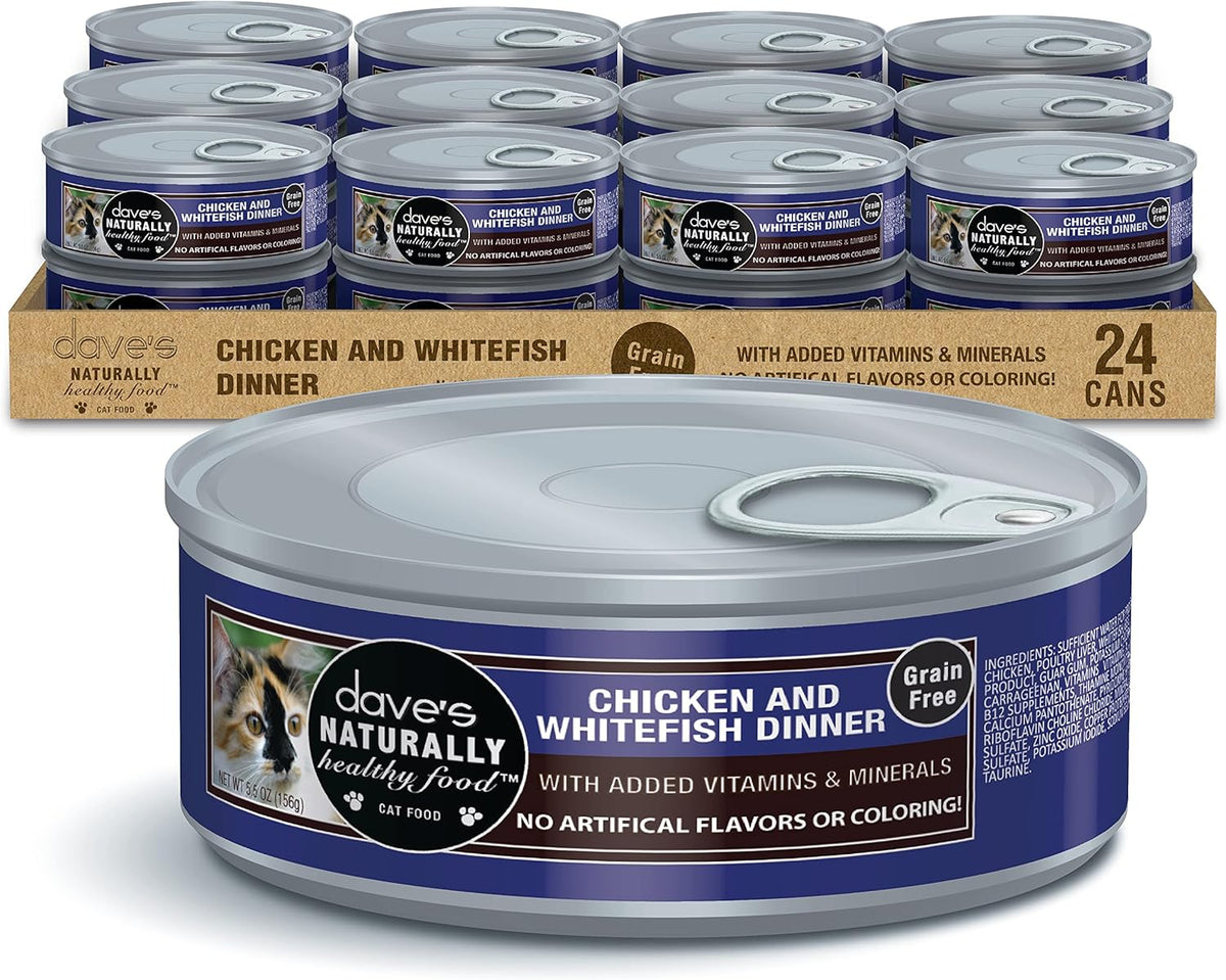 Dave's Pet Food Grain Free Wet Cat Food (Chicken & Whitefish), Made in Canada Naturally Healthy Canned Cat Food, 5.5 oz Cans (24 Pack)
