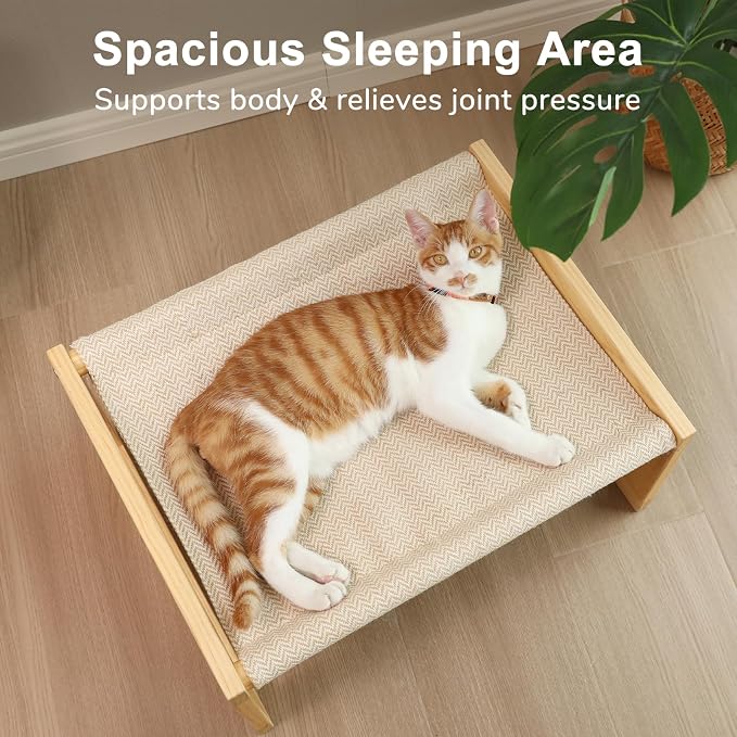 FUKUMARU Large Cat Hammock, Raised Dog Bed for Indoor and Outdoor, Washable | 21" Wooden Pet Beds, Breathable Linen Cat Couch, Elevated Pet Sofa for Puppy, Bunny and Small Animal