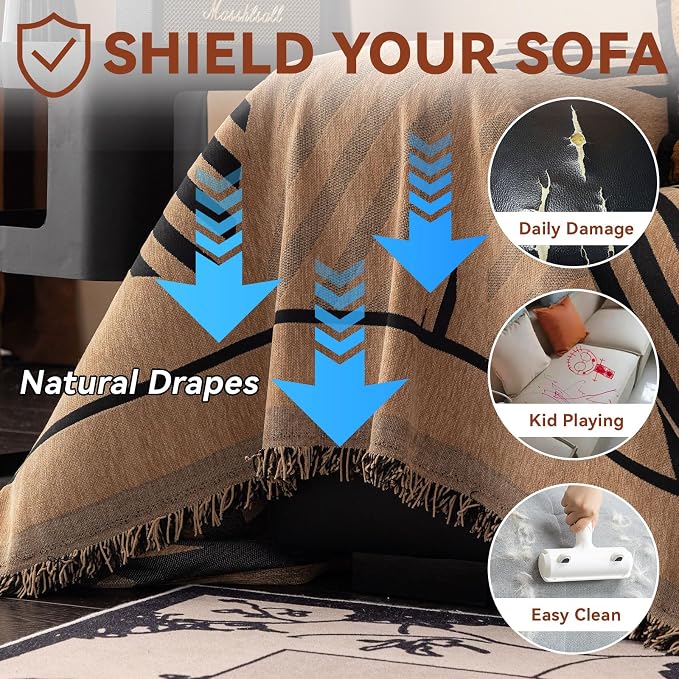 VClife Boho Couch Cover Washable Sectional Sofa Cover, Pet Couch Cover for Loveseat Versatile Coffee Black Geometry Sofa Throw Cover for L-Shape Sofa - Anti Slip Couch Sofa Cover for Dog 71"x118"