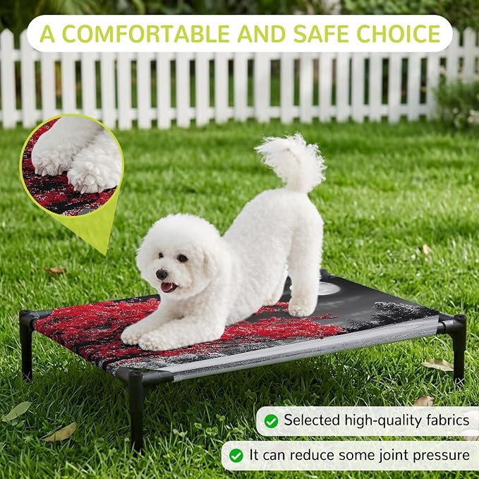 Outdoor Elevated Dog Bed for Large Dogs, Vibrant Red Tree Breathable Cooling Raised Dog Cot for Indoor/Outdoor, Glowing Moon Black Sky Waterproof Elevated Pet Beds, L 28 x 22 in
