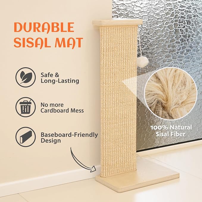 PETKARAY Couch Corner Cat Scratcher, 28'' Corner Wall Scratching Post, Sisal Cat Scratch Pad for Sofa & Furniture Protection with Toy Ball