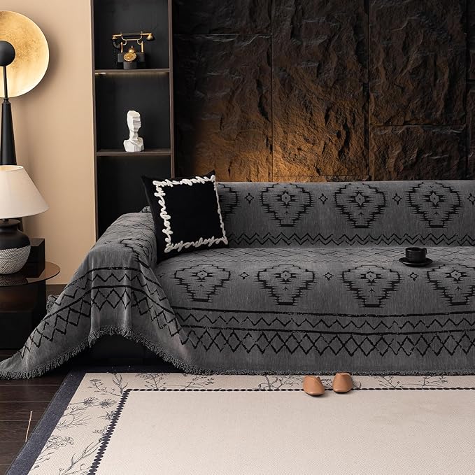 VClife Couch Cover Bohemian Tribal Sofa Cover Washable Sofa Protector, Non Slip Dark Gray Couch Covers for 2 Cushion Couch Sofa Thick Soft Chenille Sofa Slipcover 71"X118"