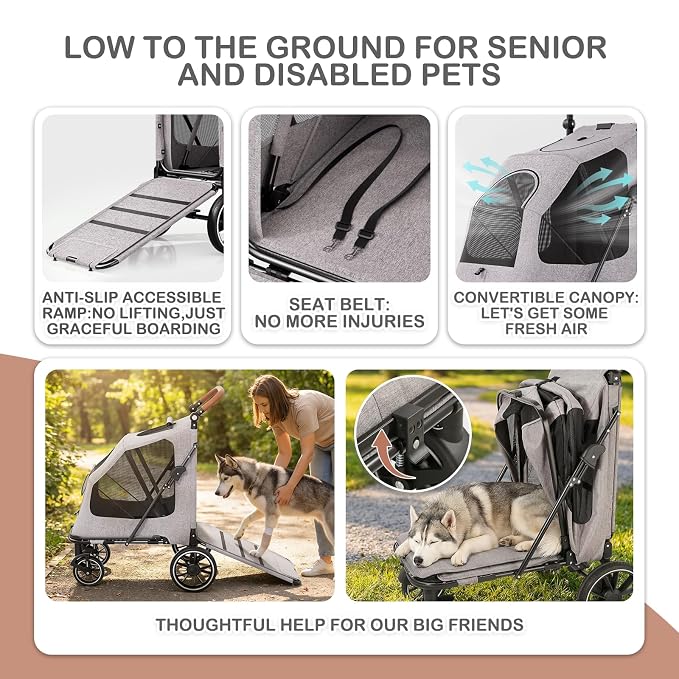 MoNiBloom Large Pet Stroller with Anti-Slip Ramp, for Large Dog Up to 99lb | Heavy Duty Dog Stroller Up to 99lb, Safe & Gentle Mobility Aid, All-Terrain Wheels, Idea for Injured, Disabled, & Senior Dog