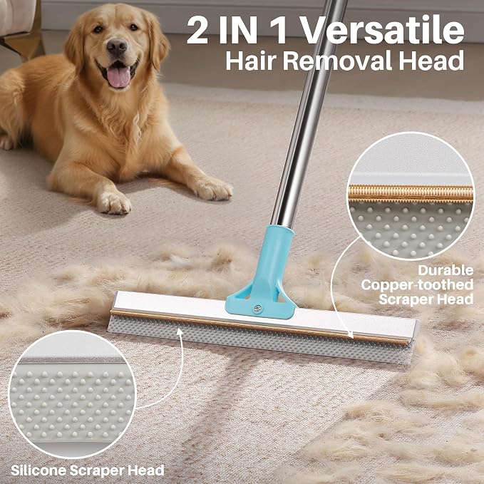 JOYMOOP 3 PCS Carpet Rake for Pet Hair Removal, 63" Adjustable Long Handle and Short Handle Reusable Pet Hair Remover, 1 Mini Cat Dog Hair Carpet Scraper for Rugs, Sofa,Cloth