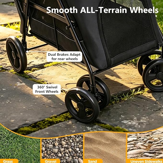 Dog Stroller for Large & Medium Dogs, Foldable Pet Stroller for 2 Small Dogs Up to 66lbs, with All-Terrain Wheels, Breathable Mesh Ventilation & Storage Pocket (Black)