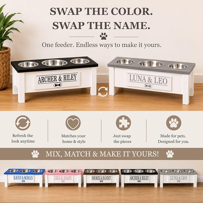 3 Bowl Dog Feeding Station, Personalized Triple Bowl Food Stand Medium Dogs | Farmhouse Style, Elevated Wood Stand, Storage Container, Stainless Steel Bowls, Raised Anti-Slip Feeder, Made in USA