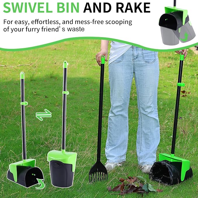 ienjoyed Pooper Scooper Large Swivel Bin & Rake with 160 Waste Bags,Heavy Duty Dog Pooper Scooper with Bag Attachment for Dogs, Long Handle Poop Scooper with Lid for Yard, Grass, Gravel(Green)