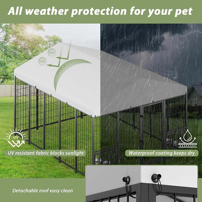 LOVMOR 10' x 8' Outdoor Dog Kennel with Roof for Large Dogs | Heavy duty steel frame, waterproof canopy, double latch door, adjustable feeding bowls for yards and patios