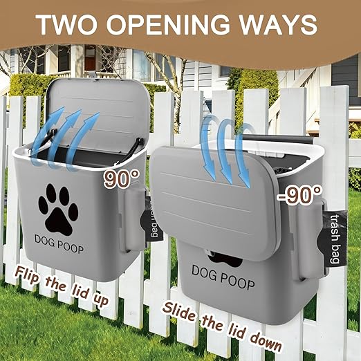 Dog Poop Trash Can Outside Hanging, 2 Gallon Wall Mount Dog Poop Trash Can | with Trash Bag Dispenser, Small Pet Waste Bin with Lid, Hanging Pet Waste Disposal Container for Fence, Garbage, Outdoors