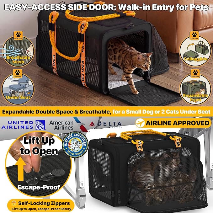 PAWZIDEA Expandable Pet Carrier Airline Approved, 18"×11"×11" Small Dog Carriers, Collapsible Top-Load Cat Carrier for 2 Cats Under Seat, Soft-Sided Puppy & Animal Travel Bag, ID Card, Up to 15lbs