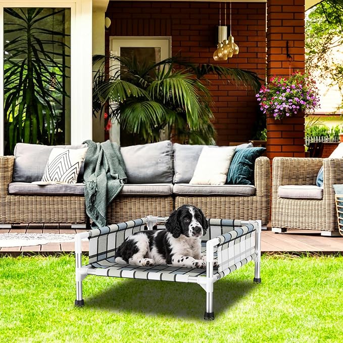Elevated Dog Bed with with Guardrail, Raised 3-Fence Dog Hammock Bed | Breathable Lifted Stainless Steel Frame Dog Bed for Small Pets, Cooling Washable Dog Cot