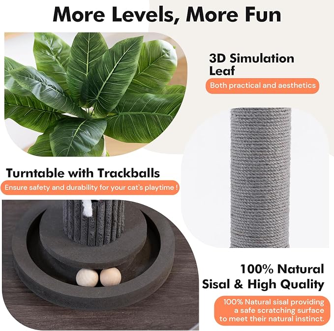WOOCHPET Cat Scratching Post for Indoor Cats 35" Tall, Sisal Cat Scratcher with Mouse Toy and Track Balls, Wooden Base (Grey)