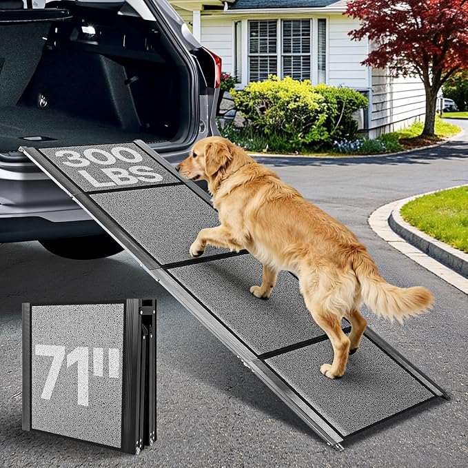 71''x 20'' Dog Ramp for Car, Pet Ramp for Large Dogs Up to 300LBS, Foldable Dog Car Ramp Stairs Steps with Waterproof & Non-Slip Rug Surface for Truck, SUV, Indoor & Outdoor(Wire Loop Fabric)