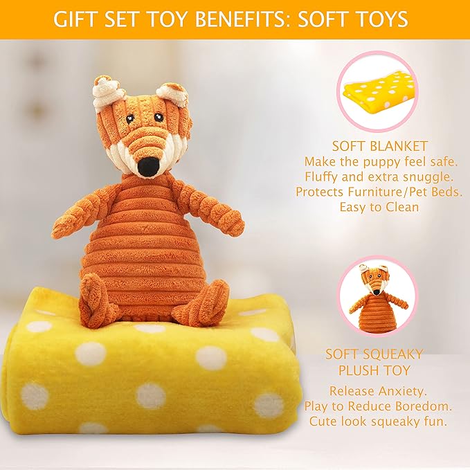 SoSoCute Yellow Dog Gift Box - Puppy Chew Toy Set of 5 - Care Package with Dog Blanket, Squeaky Plush, Rubber Puppy Teether, Teething Ball, and Treat Ball for Small and Medium Dogs