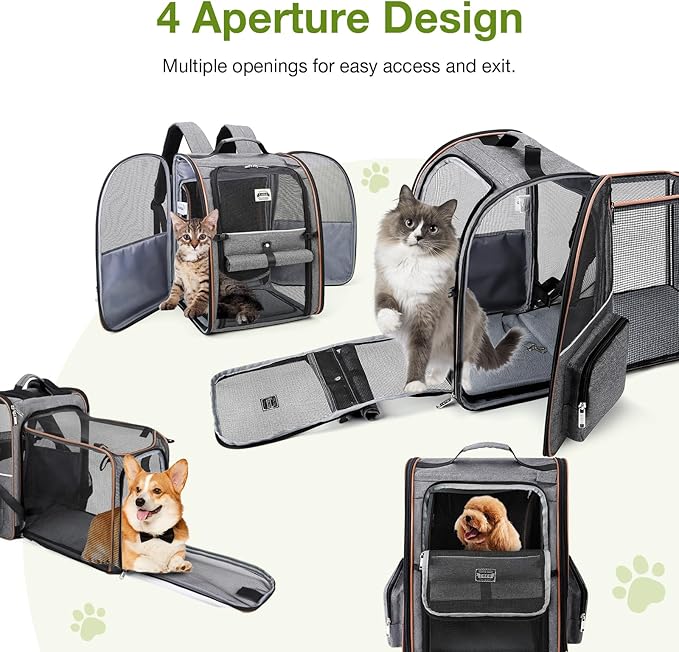 Cat Carrier Backpack, Expandable Pet Carrier with Sun Shade & Full Front Opening, Breathable Mesh Backpack for Small Dogs & Medium Cats Up to 18 Lbs, Foldable for Hiking, Camping (Grey)
