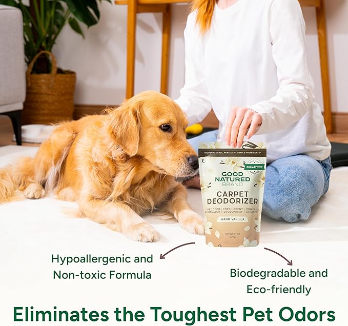 Good Natured Brand | Carpet Freshener & Deodorizer Powder | 31 oz Pet Odor Eliminator for Strong Odor & Pet Urine | Fresh Natural Warm Vanilla Scent | Safe for Homes with Pets