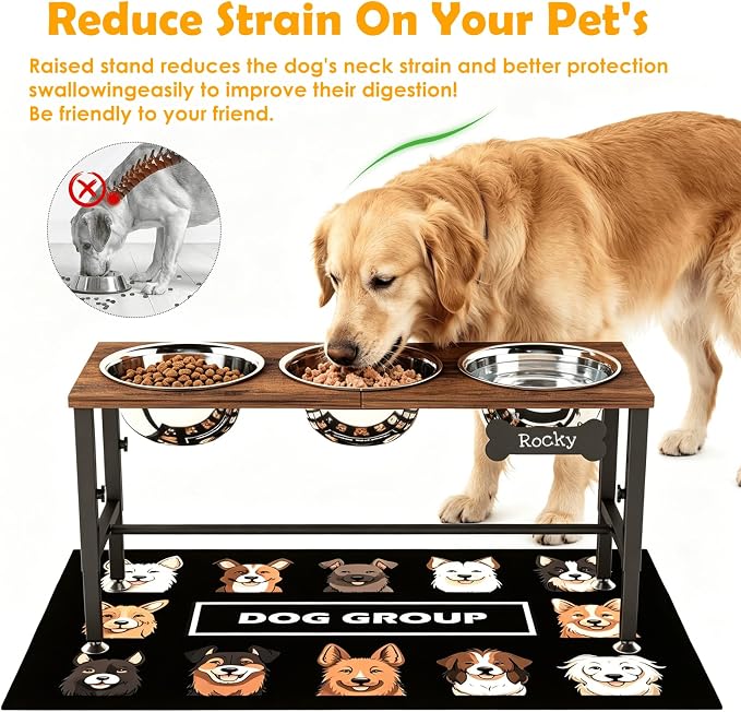 ADENGL Triple Elevated Dog Bowls Stand for Multiple Dogs, 3 Height Adjustable Raised Dog Bowl Stand with 3 Stainless Steel 1700ml(58oz) Bowls & Wood Tray & Mat