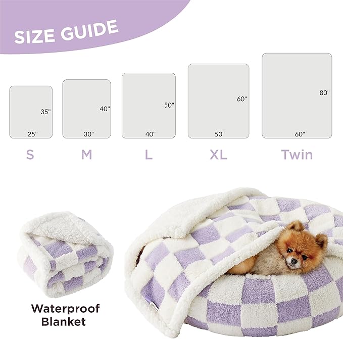 LE SURE Waterproof Dog Blankets for Small Dogs Cute Cozy 3D Jacquard,25x35 | Puppy Blanket for Cat Aesthetic Gift, Warm Soft Sherpa Throw Washable, Reversible Pet Couch Protector, Lavender Checks