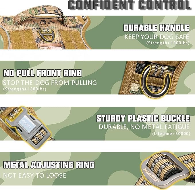 AUROTH Tactical Dog Harness for Large Dogs No Pull Adjustable Pet Harness Reflective Working Training Easy Control Pet Vest Military Service Dog Harnesses Woodland Camo XXL