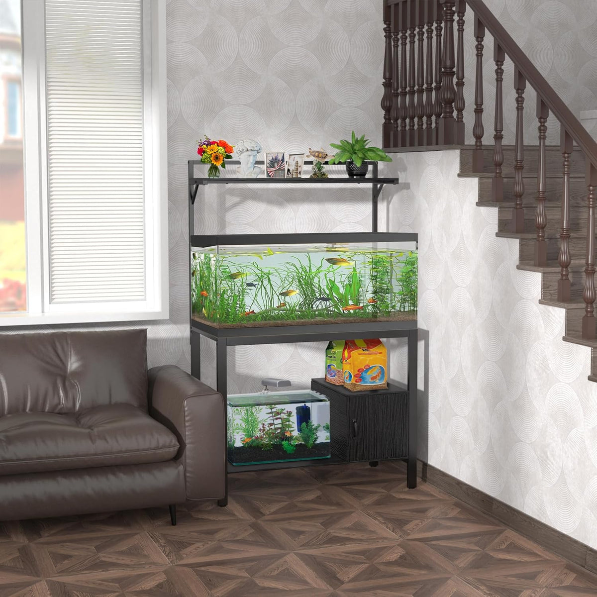 GDLF 40-50 Gallon Fish Tank Stand with Plant Shelf Metal Aquarium Stand with Cubby Storage 36.6" x 18.5" Tabletop fits Aquarium,Turtle Tank,or Reptile Terrariums