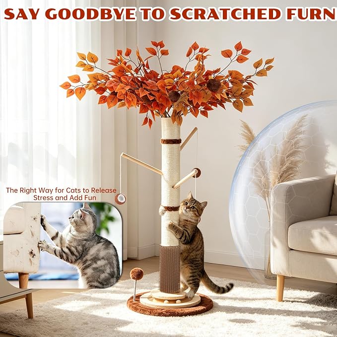 Cat Scratching Post, 46" Tall Scratcher Post for Indoor Adult Cats | Heavy Duty Scratching Post 100% Natural Sisal, Stable 3-Layer Wood Base, Hanging Ball and Track Toy for Indoor Adults Cats