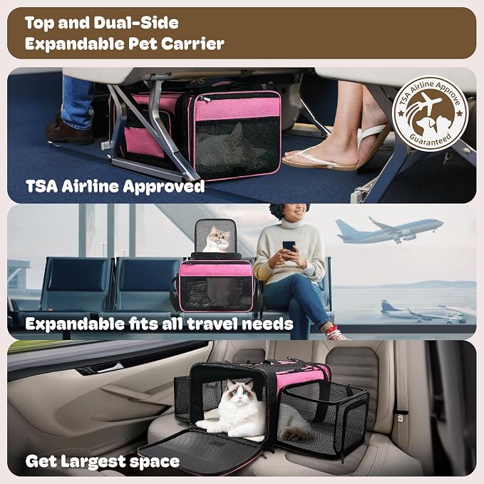 Top and 2 Sides Expandable Cat Carrier 18x13.5x9.5, TSA Airline Approved Dog Carriers for Small Dogs, Soft-Sided Pet Carrier with Self-Locking Zippers for Kitten,Rabbit, Puppy, Guinea Pig Pink