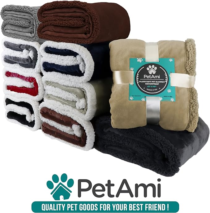 PetAmi Waterproof Dog Blanket for Medium Large Dog Puppy Cat Throw for Couch Cover Leakproof Protection, Sherpa Fleece, Reversible Soft Washable 60x40 Taupe