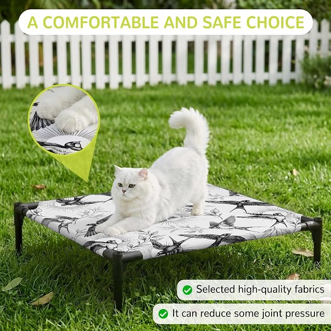 Outdoor Elevated Dog Bed for Small Dogs, Birds Leaves Breathable Cooling Raised Dog Cot for Indoor/Outdoor, Spring Farmhouse Botanical Animals Vines Waterproof Elevated Pet Beds, S 20 x 20 in
