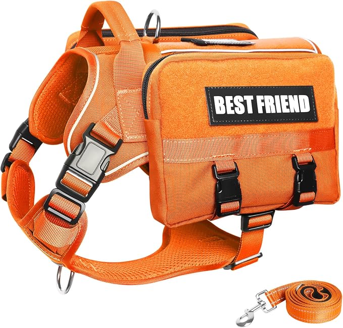 Dog Backpack Harness and Leash Set for Large Dogs Orange XL | Removable Side Pockets Dog Vest with Padded Handle&MOLLE,No Pull Front&Back Metal Clips for Hiking Training Walking Hunting