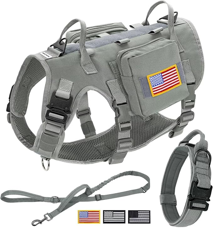 Forestpaw Tactical Dog Harness Collar Bungee Leash Set,M,Gray | Adjustable Fits 22-35" Chest,30-80 lbs,No Pull Control Military Style,Quick Release Buckle,Walking Training for Medium Dogs
