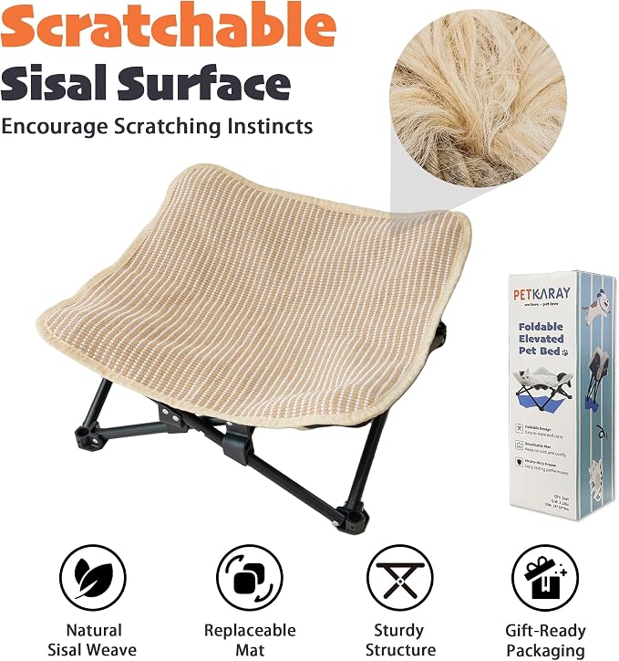 PETKARAY Foldable Cat Hammock Bed, Elevated Sisal Scratching Lounge with Metal Frame, Raised Cat Hammock Chair for Indoor Cats