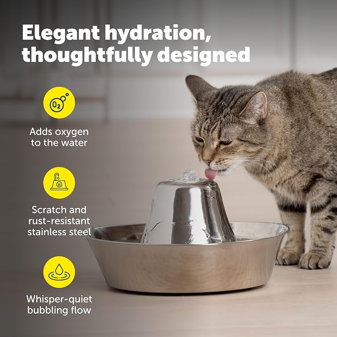 PetSafe Seaside Stainless Cat & Dog Fountain - Extra Water Filters & 1 Pump Included, Tower Creates Soothing Flow for Pets, Scratch-and Rust-Resistant Material Inhibits Pet Acne, 60 Oz Water Capacity