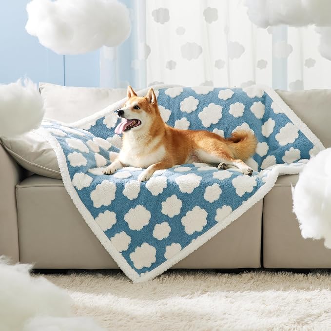 LE SURE Waterproof Dog Blankets for Large Dogs Cute Cozy 3D Jacquard,40x50 | Warm Soft Pet Blanket for Senior Dogs Aesthetic Gift, Washable Sherpa Throw, Reversible Couch Protector, Clouds Blue