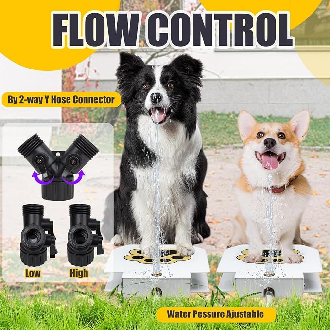 BACOENG Dog Water Fountain Step On, Dog Sprinkler Paw Activated, Outdoor Water Fountain for Dogs, Drinking Water Toy, Upgrade Copper Valve Set, Yellow