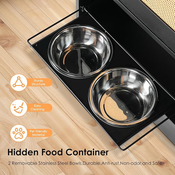 Feeding Station with 1 Storage Cabinets, Pet Feeding Station with 2 Elevated Dog Bowls, Side Hooks, Anti-tip Kit, Hidden Pet Feeder Station for Feeding & Watering, Black