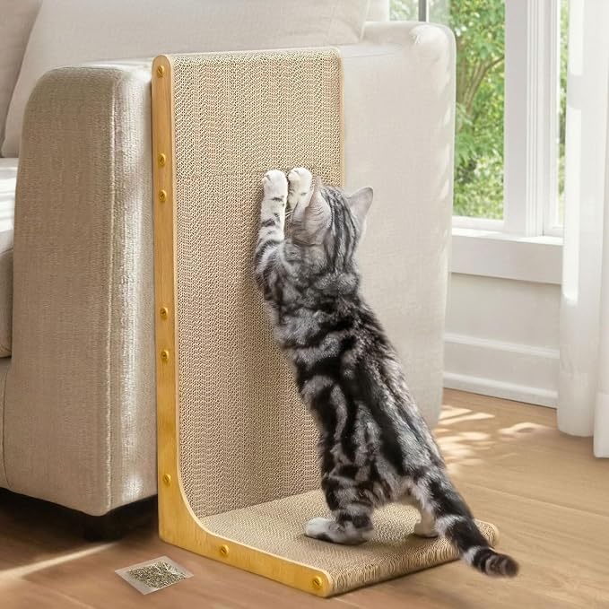 Conlun Cardboard Cat Scratcher, 23" L-Shaped Scratch Pad, Vertical Wall-Leaning Scratching Board to Protect Furniture for Indoor Cats,Wood Grain Large