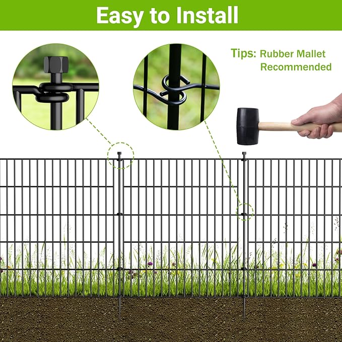 5 Panels No Dig Decorative Outdoor Garden Fence with Gate for Yard, 32 in(H) X 11.8 ft(L) Animal Barrier Fencing Rustproof Metal Wire Panel Border for Dog, Rabbits, and Patio Temporary Ground Stakes
